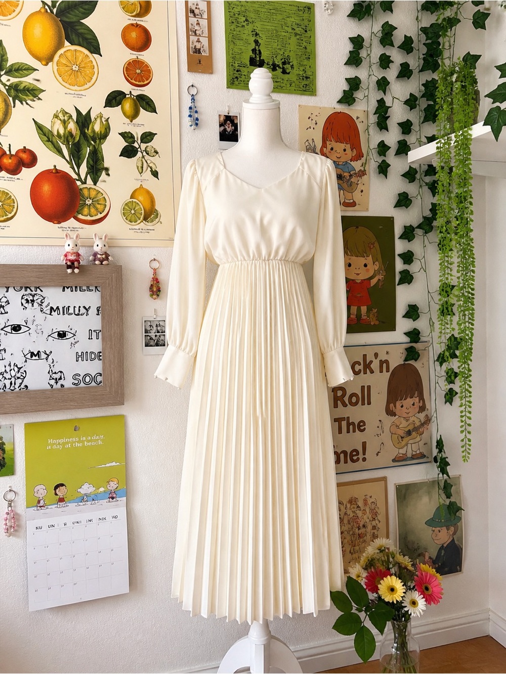 Ivory Pleated Long-Sleeve Midi Dress